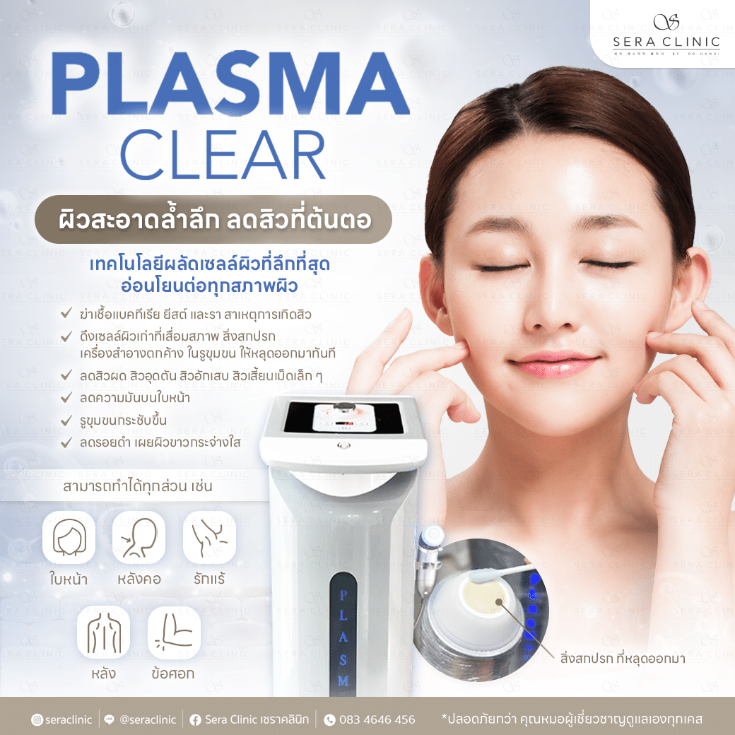 ผิวสะอาดล้ำลึก ลดสิวที่ต้นตอ plasma clear plasmalis พลาสม่า ทำความสะอาดผิว เทคโนโลยีผลัดเซลล์ผิวที่ลึกที่สุด ดึงสิ่งสกปรกในรูขุมขนออกมาทันที ฝุ่น มลภาวะเยอะแค่ไหนก็ไม่หวั่น เซราคลินิก sera clinic ลดสิวผด สิวอักเสบ สิวเสี้ยน สิวอุดตัน ผิวแพ้ง่าย เซ็บเดิร์ม